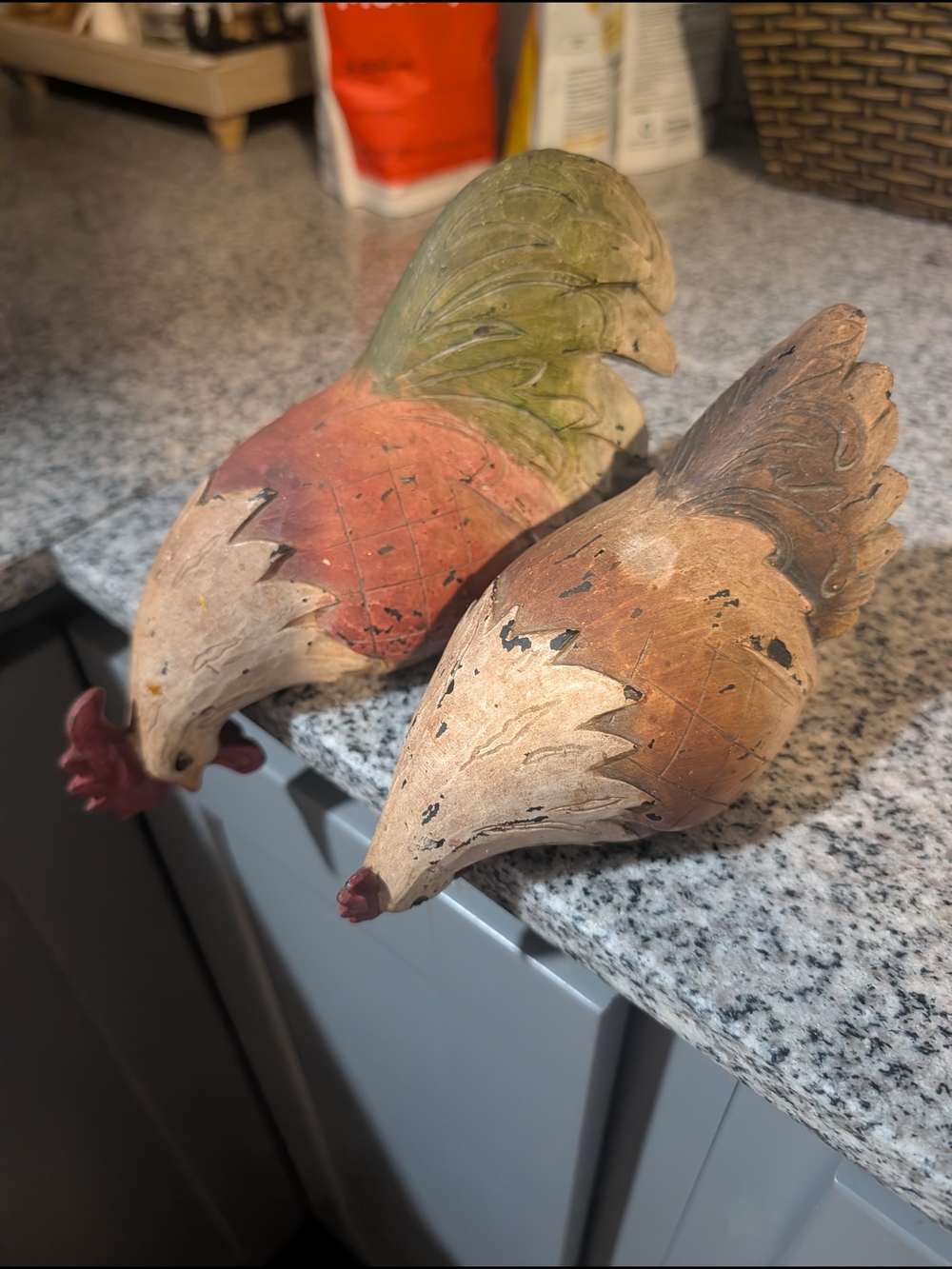 Rustic Hand-Painted Wooden Rooster Pair - Red, Green, Tan